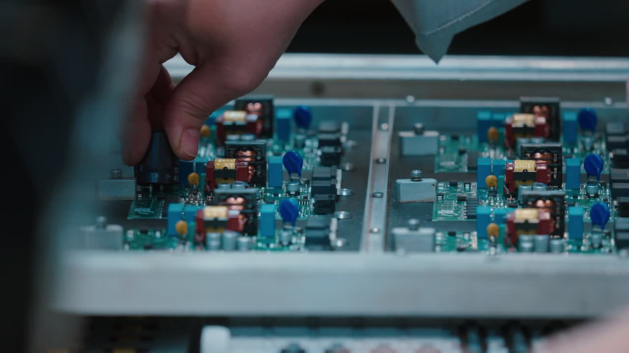 Hands assembling circuit boards with precision in slow motion