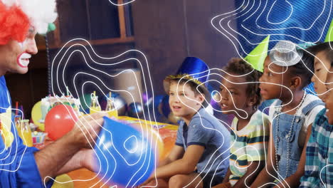 animación de líneas de contorno blancas sobre diversos niños felices y payaso divirtiéndose en la fiesta