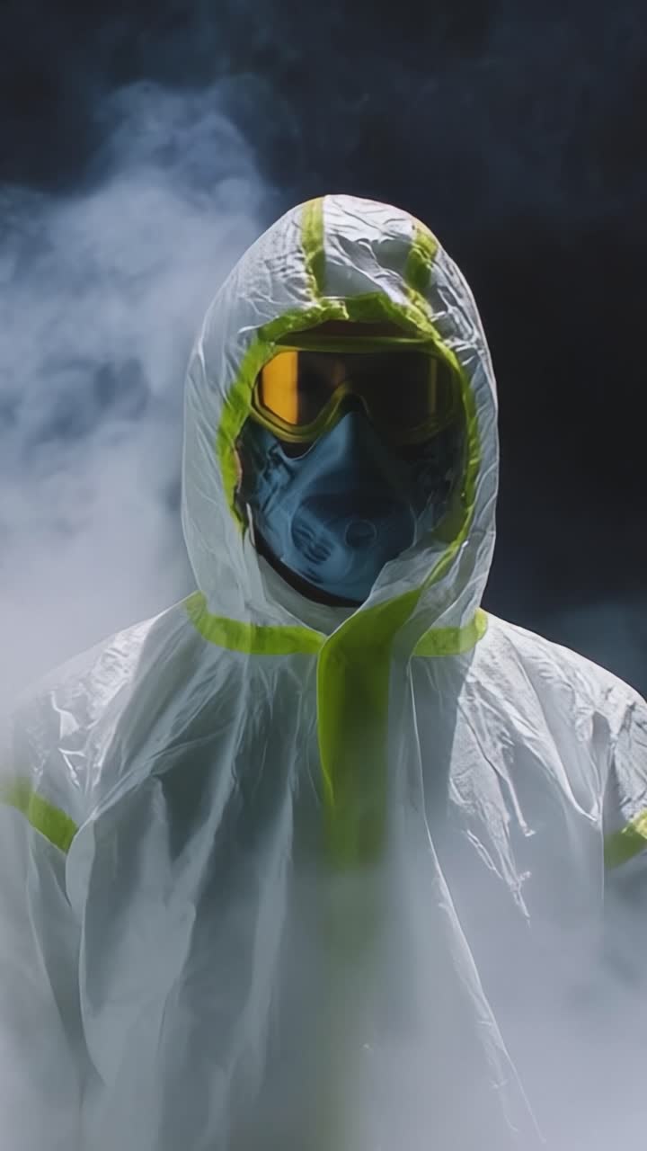 Figura misteriosa con equipo de protección rodeada de volutas de humo, emanando una atmósfera de intriga y precaución en un entorno con poca luz.
