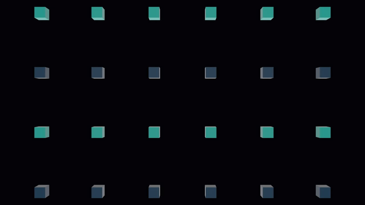 검은 바탕에 파란색과 초록색 큐브의 줄 위에 폭발의 애니메이션