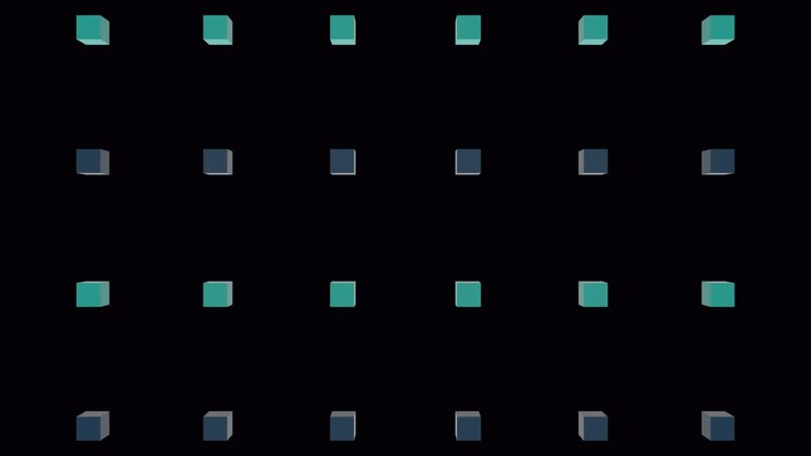 Animation of explosion over rows of blue and green cubes on black background