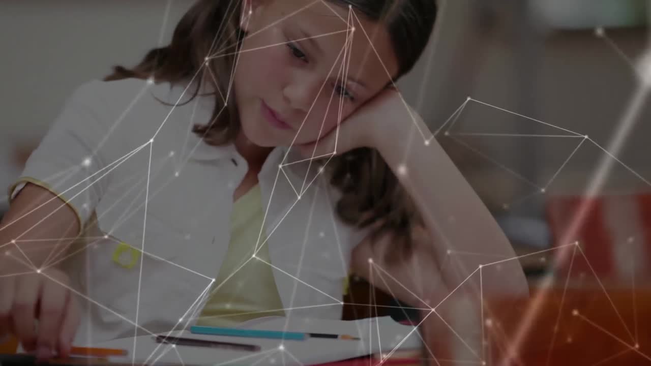 animación de niños en un aula sobre una red de puntos conectados en el fondo