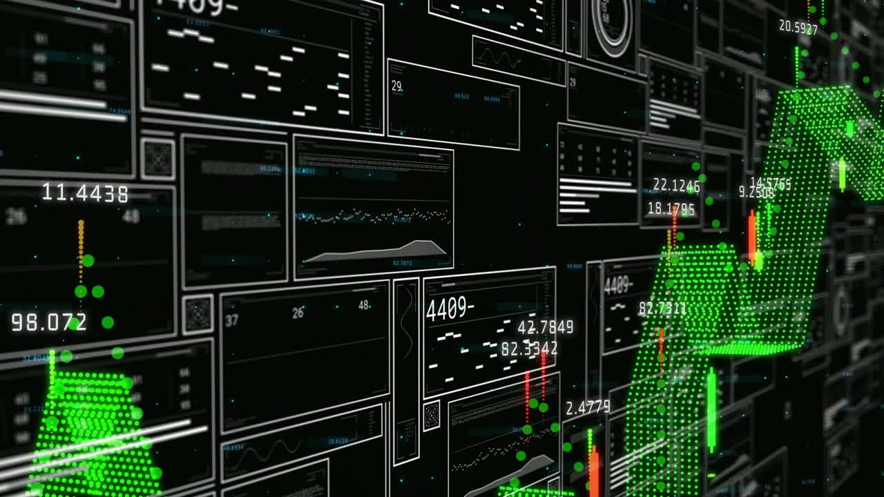 All'avvio del feed di dati, i pannelli a griglia aggiornano linee, candele e un'onda crescente, visualizzando le tendenze.