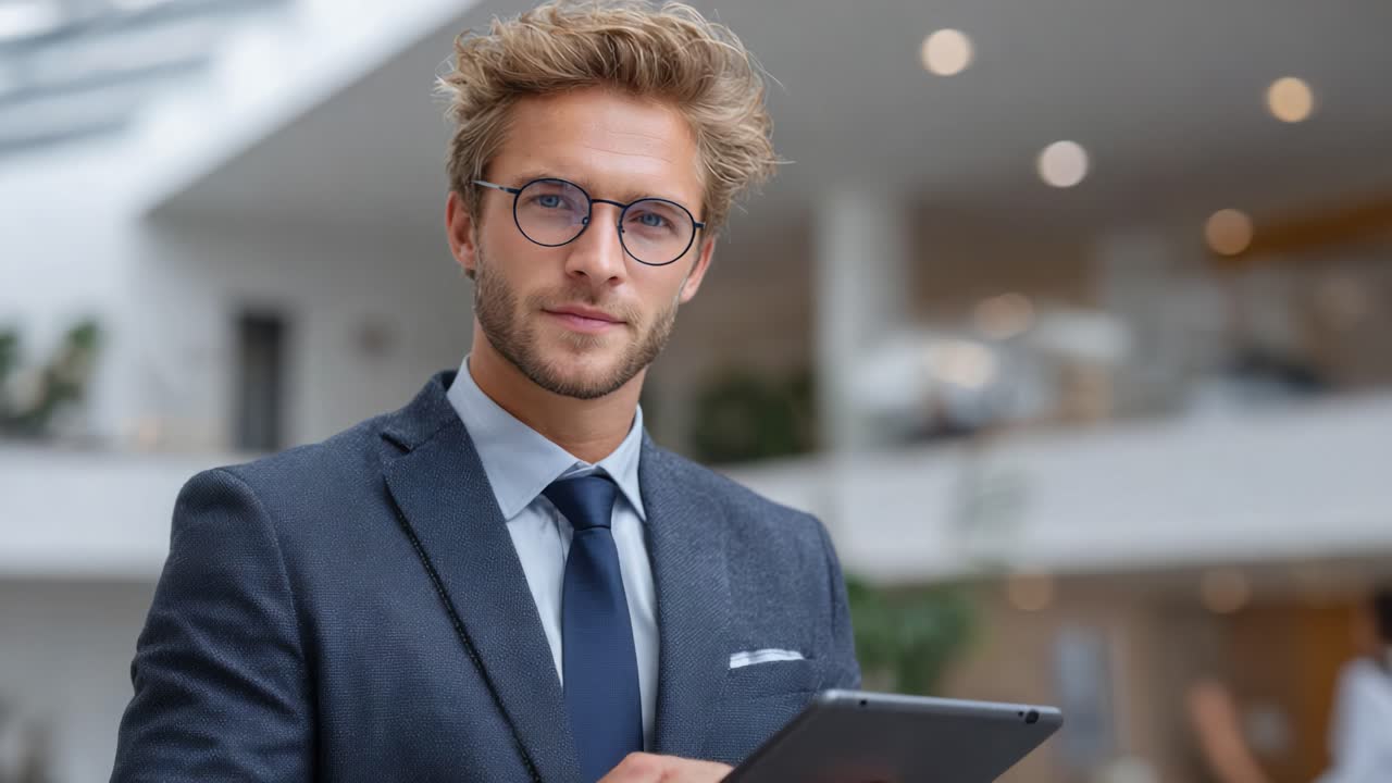 Professional Young Man in Suit with Tablet Displays Expertise and Confidence in Modern Office Environment, Engaging with Audience and Demonstrating Knowledge