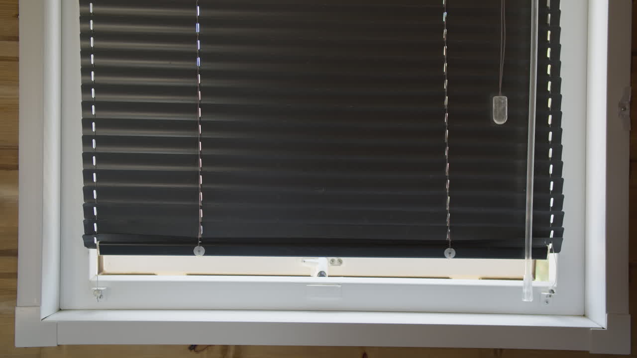 Close-up view of black window blinds on a window with a white frame