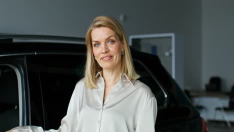woman standing beside a black car in a showroom