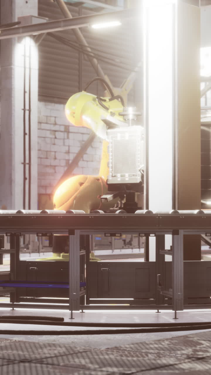 brazo de robot industrial en una línea de ensamblaje en una fábrica