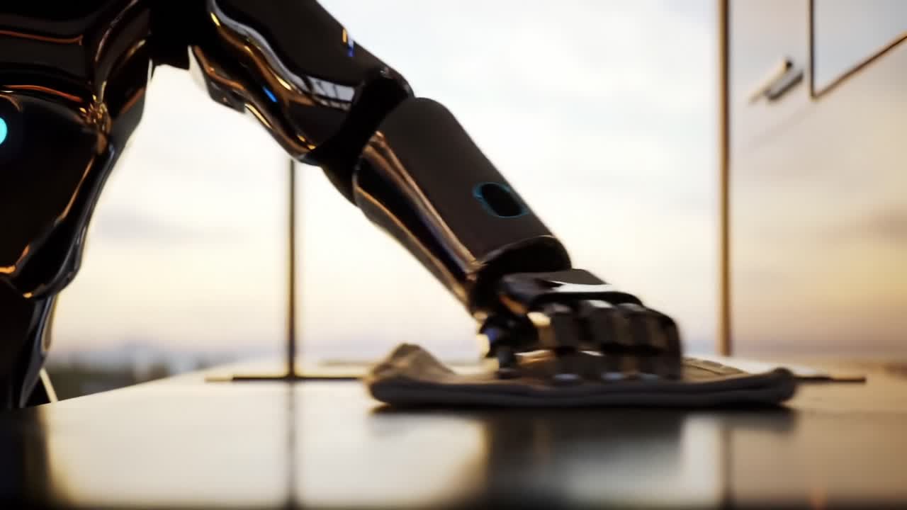 A Futuristic Robot Engaged in Cleaning Tasks, Showcasing Advanced Technology and Precision in Maintaining a Gleaming Environment