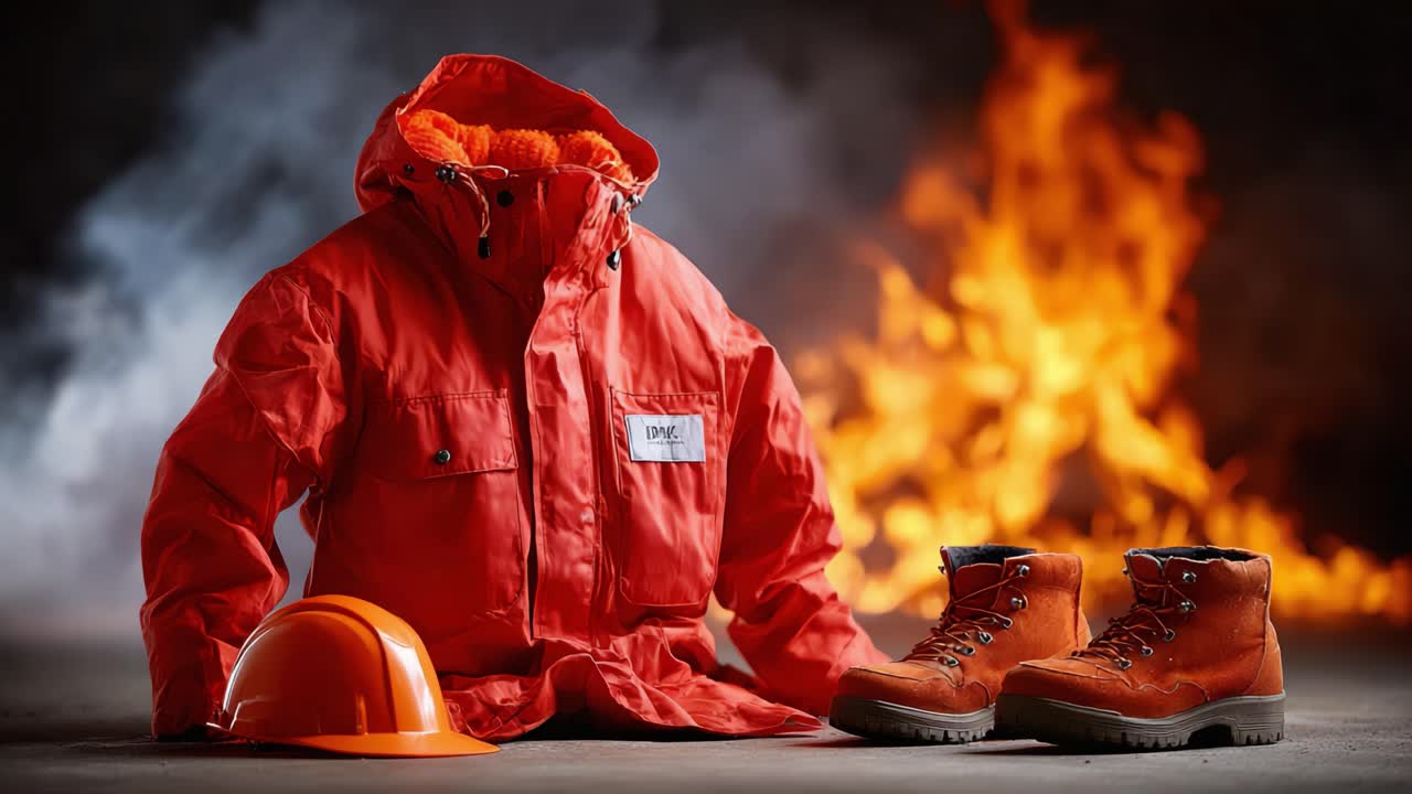 Vlamvertragende uitrusting: een essentiële outfit voor veiligheid in gevaarlijke omgevingen, bestaande uit een oranje jas, muts en stevige laarzen