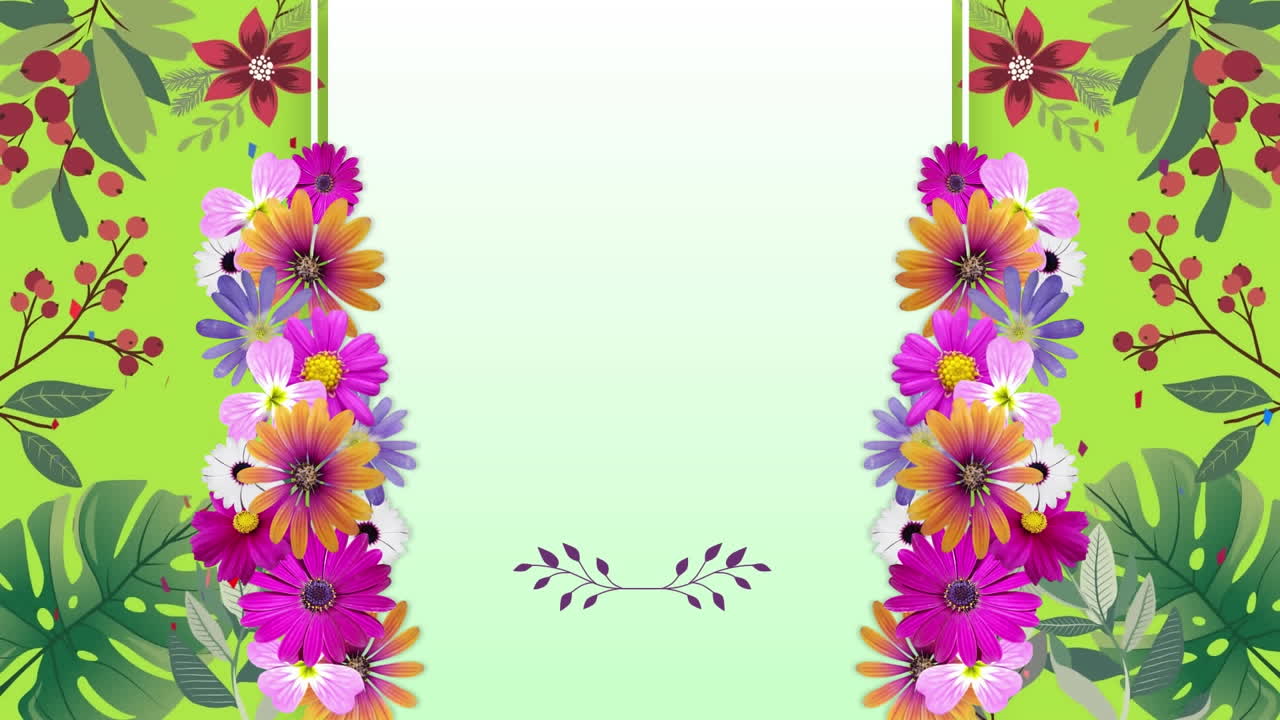 animación de flores y patrón floral con espacio de copia en fondo verde