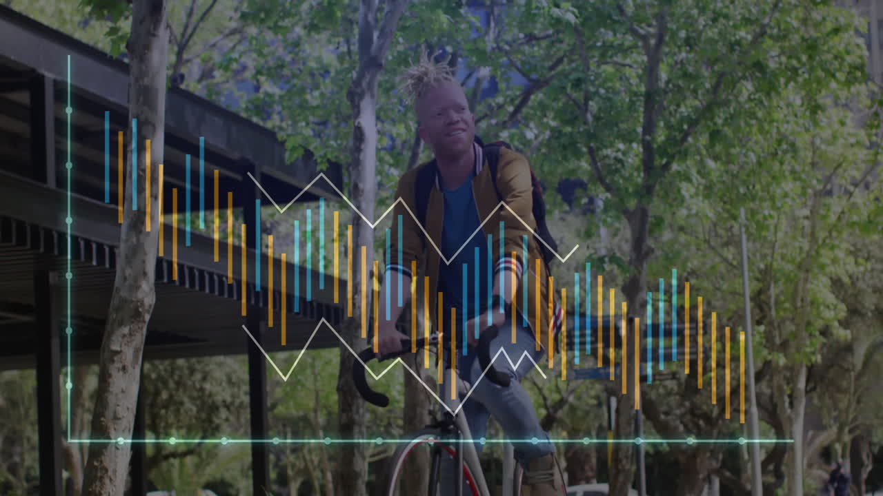 Man riding road bike along urban park path, with animated financial bar and line chart moving