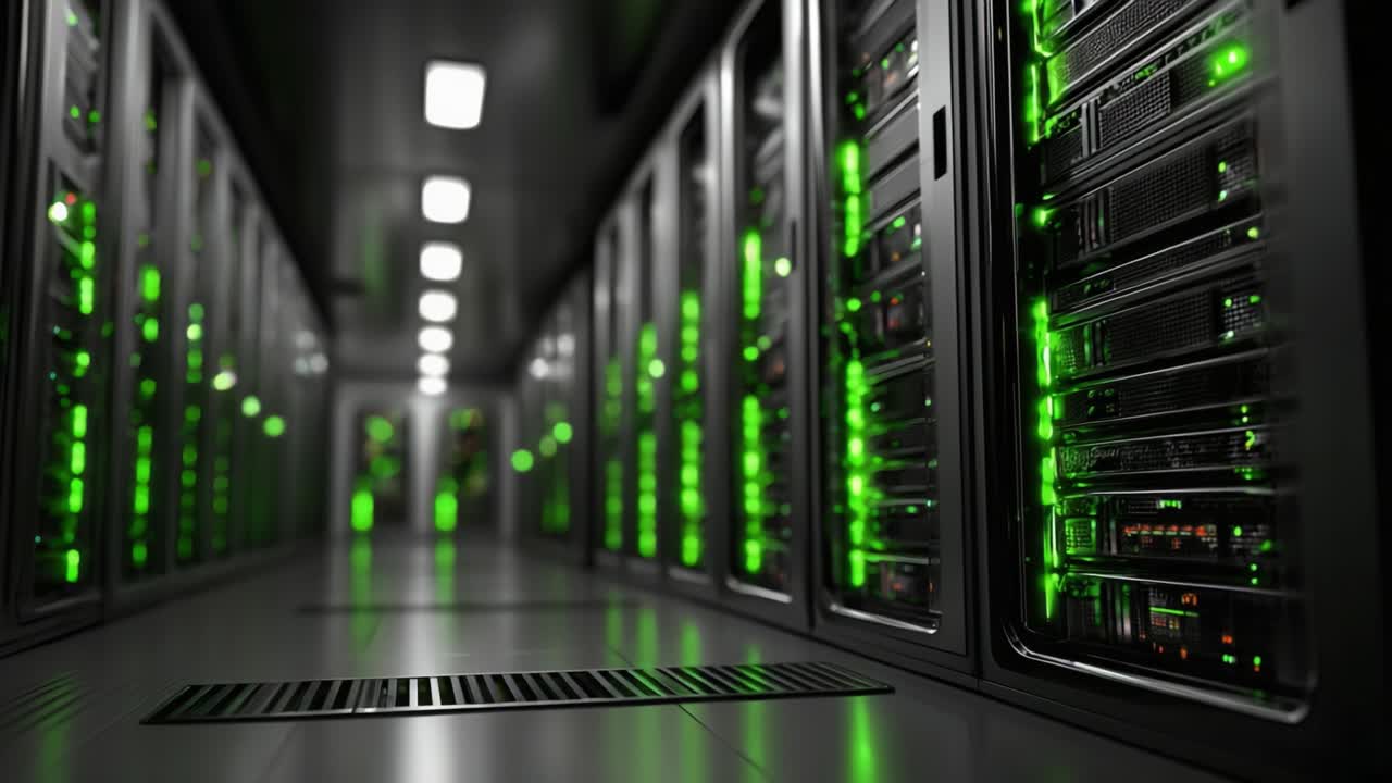 Et højteknologisk datacenter med rækker af belyste servere, der viser moderne computerinfrastruktur og avancerede netværksfunktioner i et elegant miljø