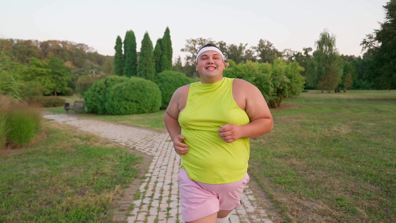 Uomo felice in sovrappeso che fa jogging in un parco verde