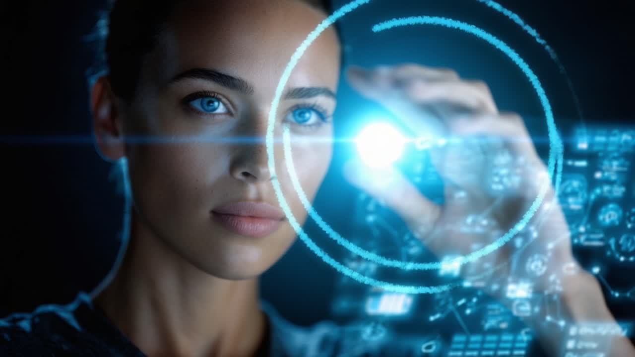 Un individuo concentrato interagisce con tecnologia avanzata, manipolando un'interfaccia olografica che visualizza dati dinamici e schemi complessi con determinazione e precisione.