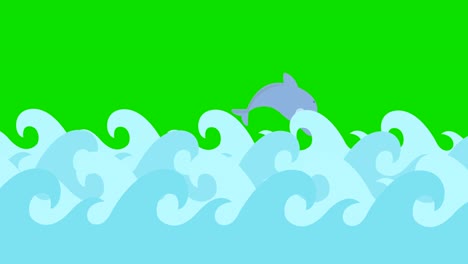 delfines de dibujos animados saltando entre las olas del mar en una pantalla verde