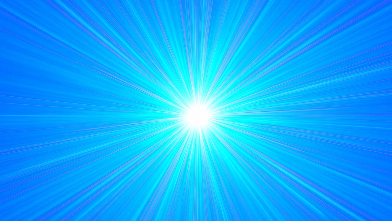 Bright turquoise and cyan light radiates from a central white core over a smooth blue gradient backdrop, producing lens-flare streaks, soft glow diffusion