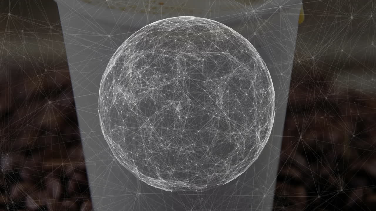 Wireframe network sphere floating over cylindrical cup, thin strands radiating outward in 3D render