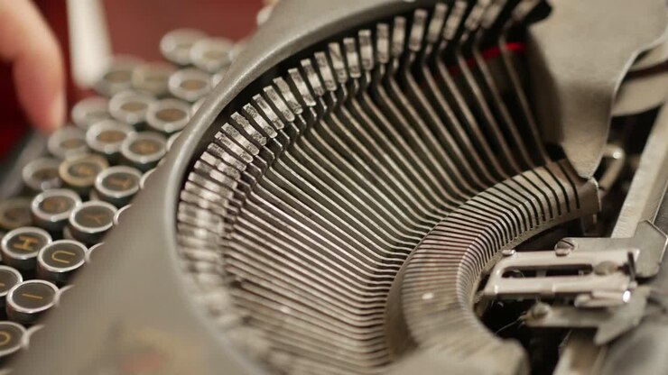 Primo piano della digitazione su una macchina da scrivere antica con inchiostro e nastro.