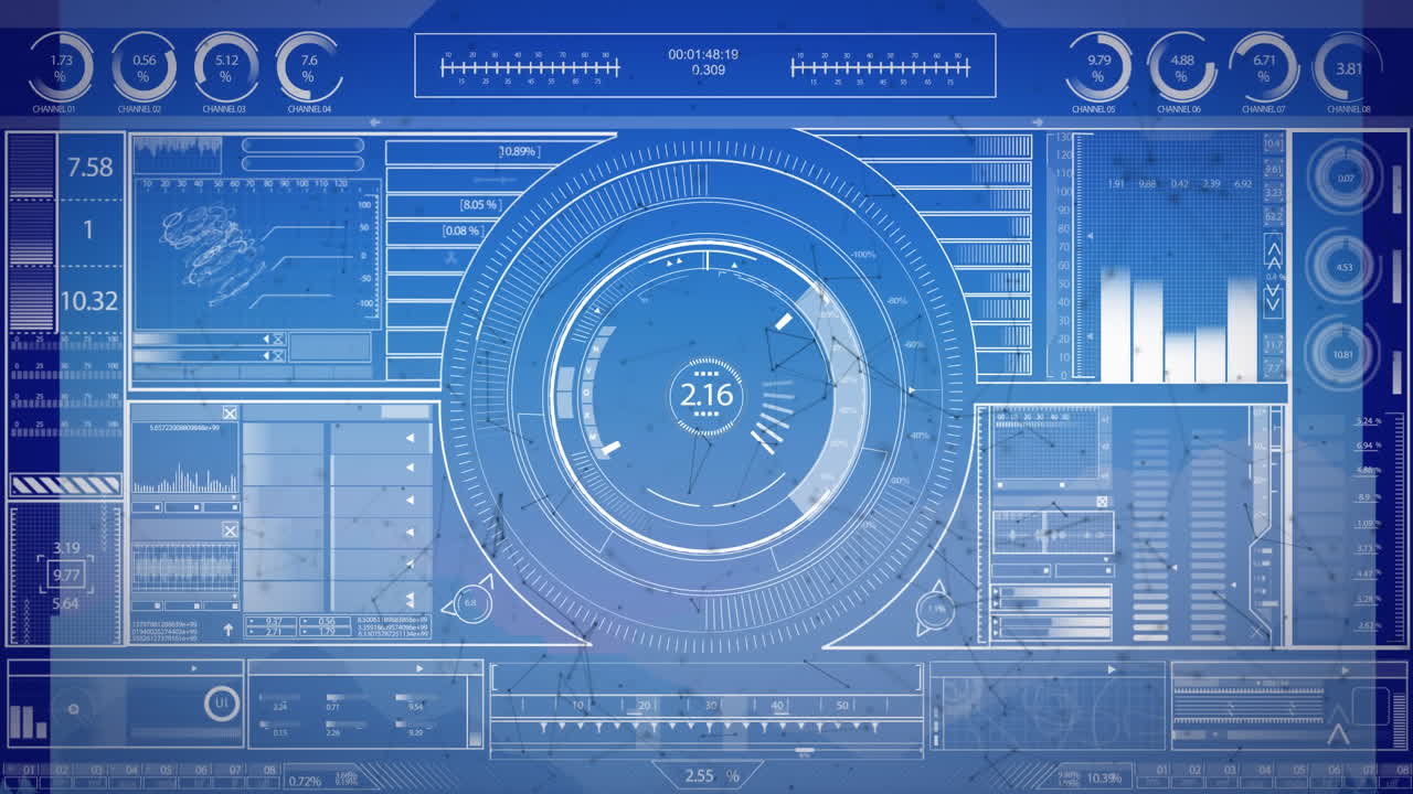 Animation of scope scanning and data processing on blue background