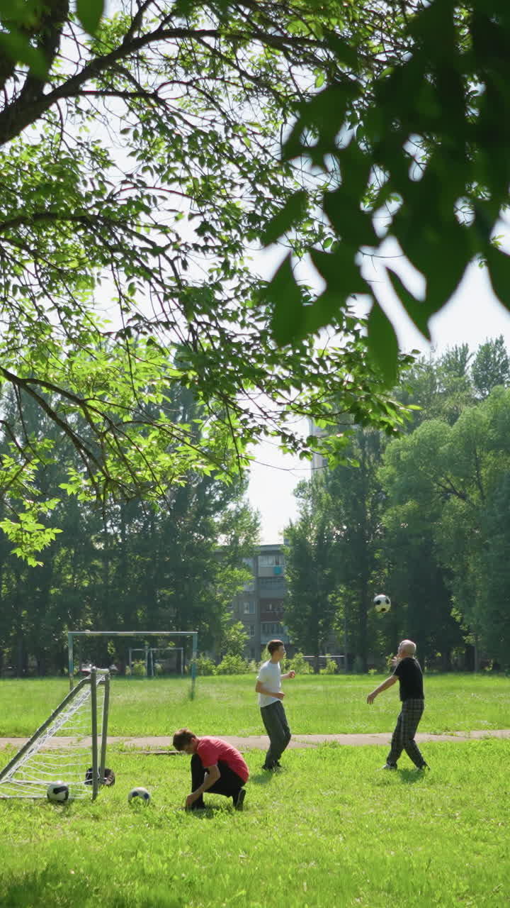 한 가족이 야외에서 즐거운 하루를 보내고, 빨간 옷을 입은 소년은 골포스트 근처에 신발를 고, 할아버지와 손자는 축구를 하고, 다른 남자는 운동을 합니다.