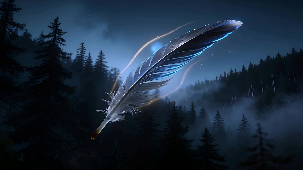 Penna fluttuante che ruota, con un bordo blu luminescente e scintille, sopra pini avvolti nella nebbia, che risponde a un'orbita pulsante.