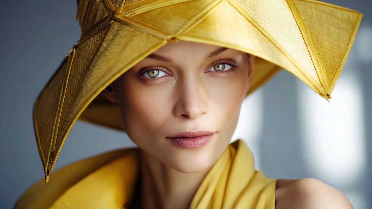 A Stunning Portrait of a Model with Striking Green Eyes Wearing an Elaborate Yellow Hat and Coordinating Outfit, Captured in a Softly Lit Setting