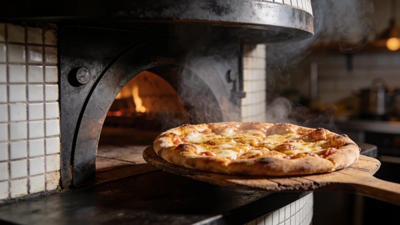 Tirando una pizza al formaggio con la pala di legno dopo la cottura, che scivola fuori dal forno a legna, con vapore che sale, pronta per essere servita.