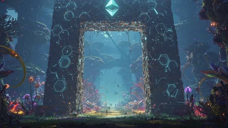 a mystical portal in a lush, vibrant fantasy realm surrounded by bioluminescent flora and soft ethereal light, inviting exploration of a hidden world