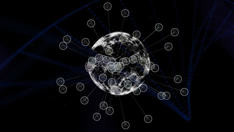 animación digital del globo de la red de conexiones contra la estructura del adn girando en fondo azul