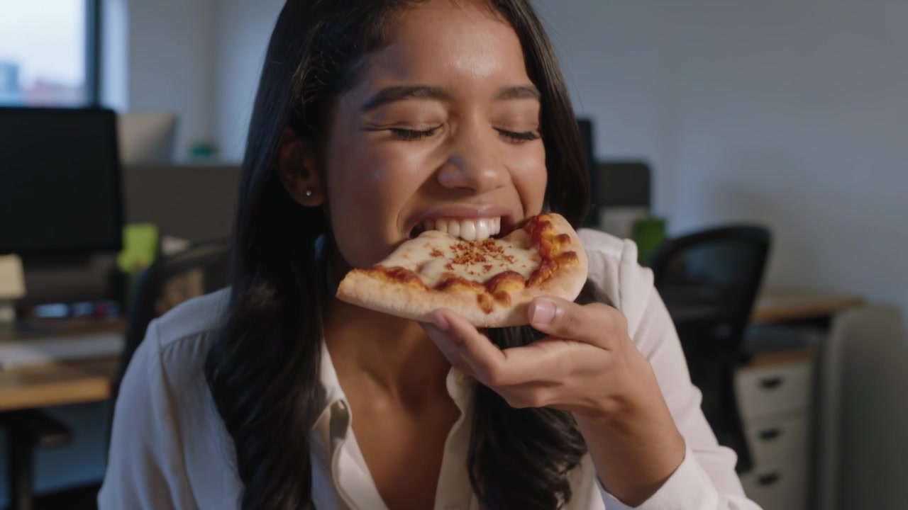 Tilting spice shaker, office worker in white blouse seasoning cheese pizza slice at desk, tasting
