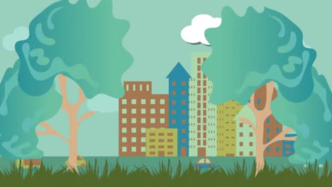 Animation-of-trees-over-city-on-green-background