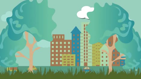 animation of trees over city on green background