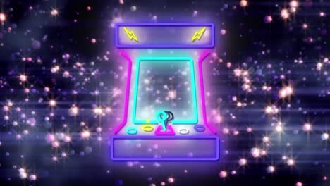 digital animation of neon arcade game machine against shining spots of light on blue background