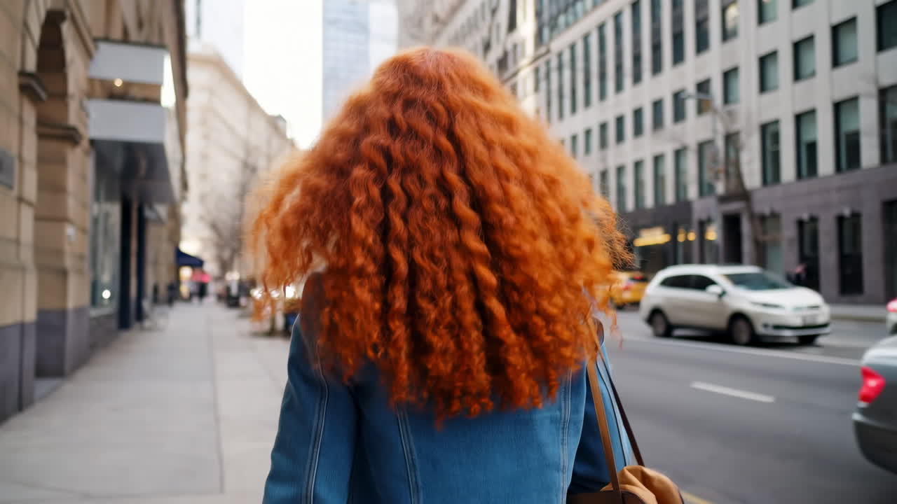 Donna caucasica dai capelli rossi che cammina sul marciapiede della città, passeggiata vivace di mezzogiorno oltre facciate storiche in pietra e auto di passaggio.