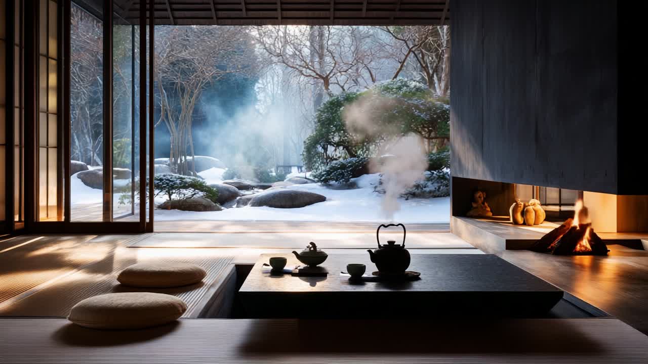 A serene Japanese tea room overlooking a tranquil snowy garden, where steam rises gently by the hearth and sunlight filters through shoji screens, creating a peaceful and meditative atmosphere