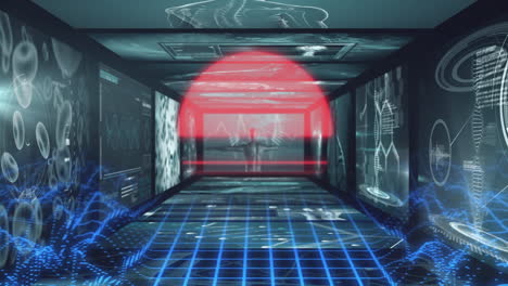 glowing red circle and holographic displays in futuristic digital corridor animation