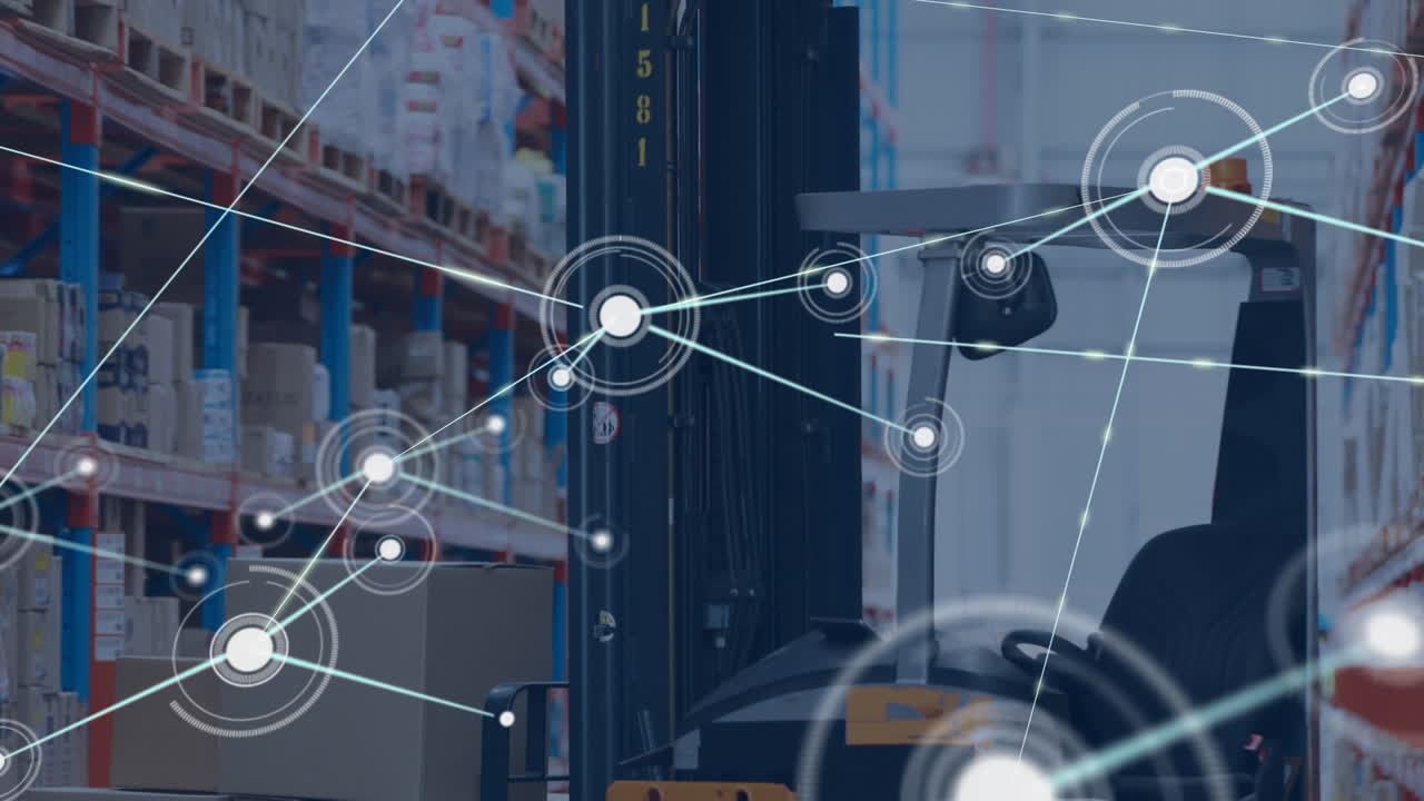 animación de la red de conexiones con iconos sobre el almacén