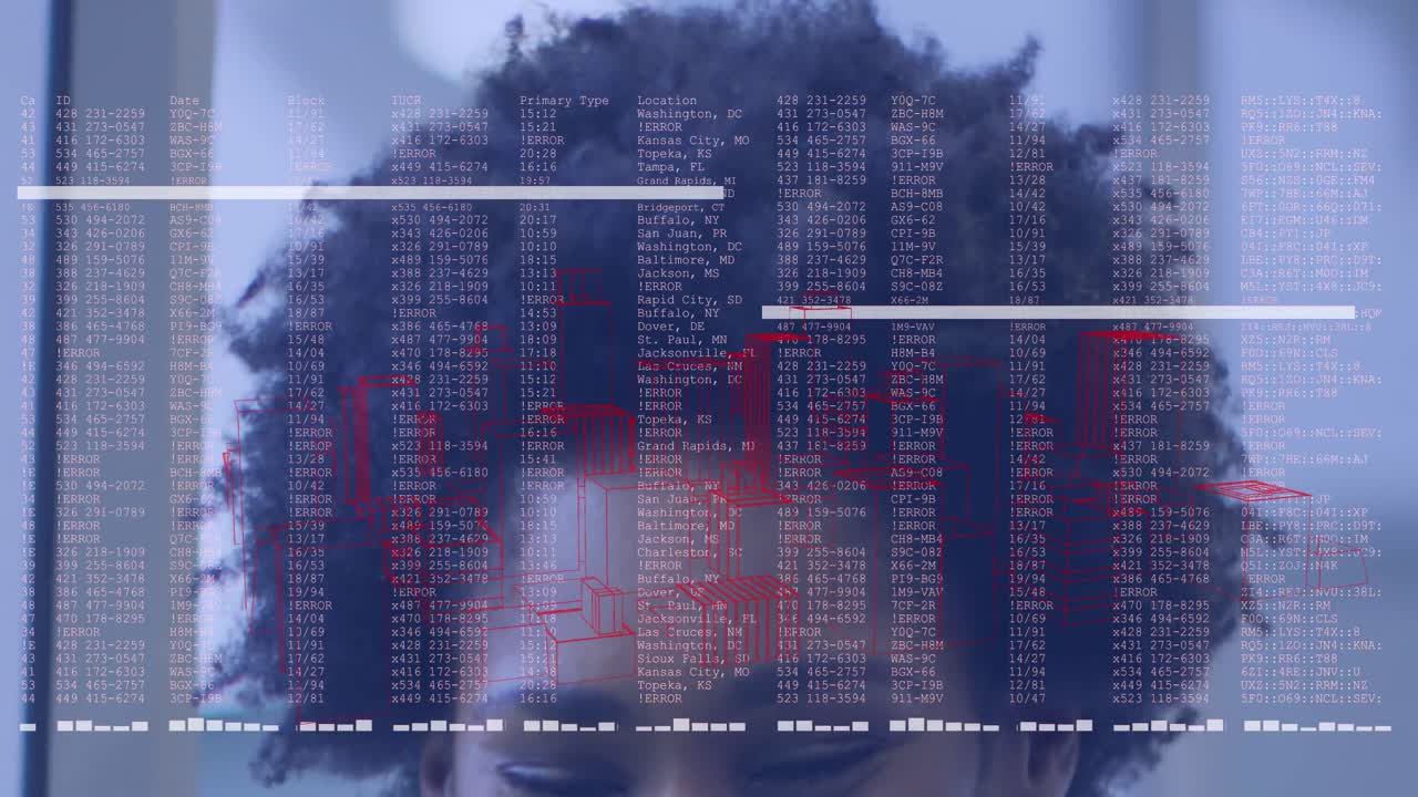 animación de procesamiento de datos y modelo de ciudad 3d sobre mujer afroamericana con cabello afro en la oficina