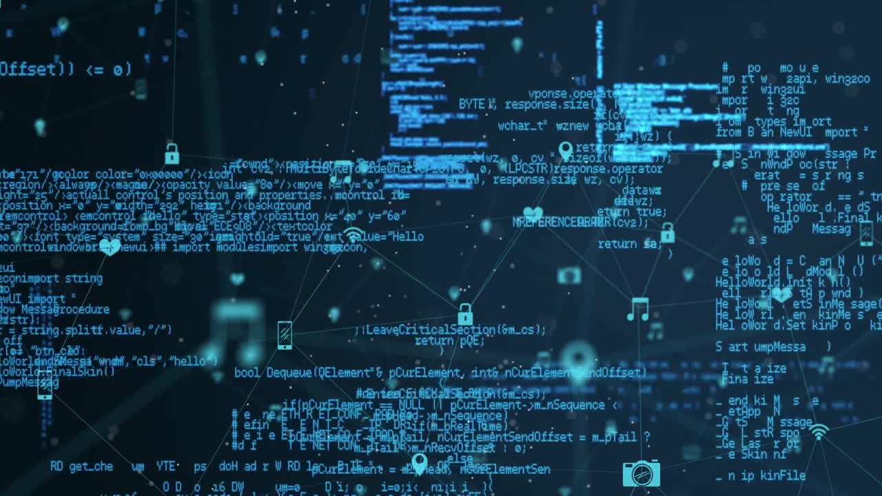 Digital code and network connections forming complex data processing animation