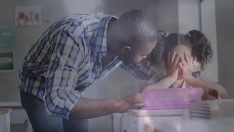 animation of flashing lights over african american male teacher comforting sad schoolgirl in class