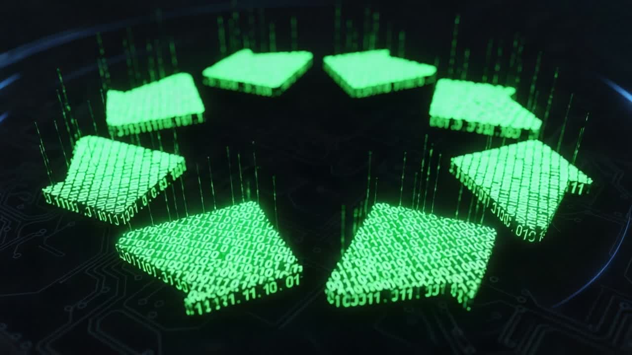 Dynamic Representation of Pulsating Green Data Symbols in a Circular Arrangement, Highlighting the Fusion of Technology and Digital Information Flow