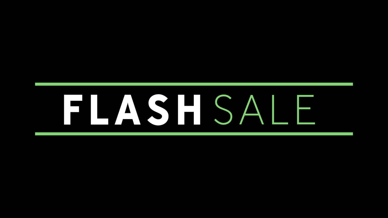 Weißer und grüner Flash Sale-Text auf schwarzem Bildschirm