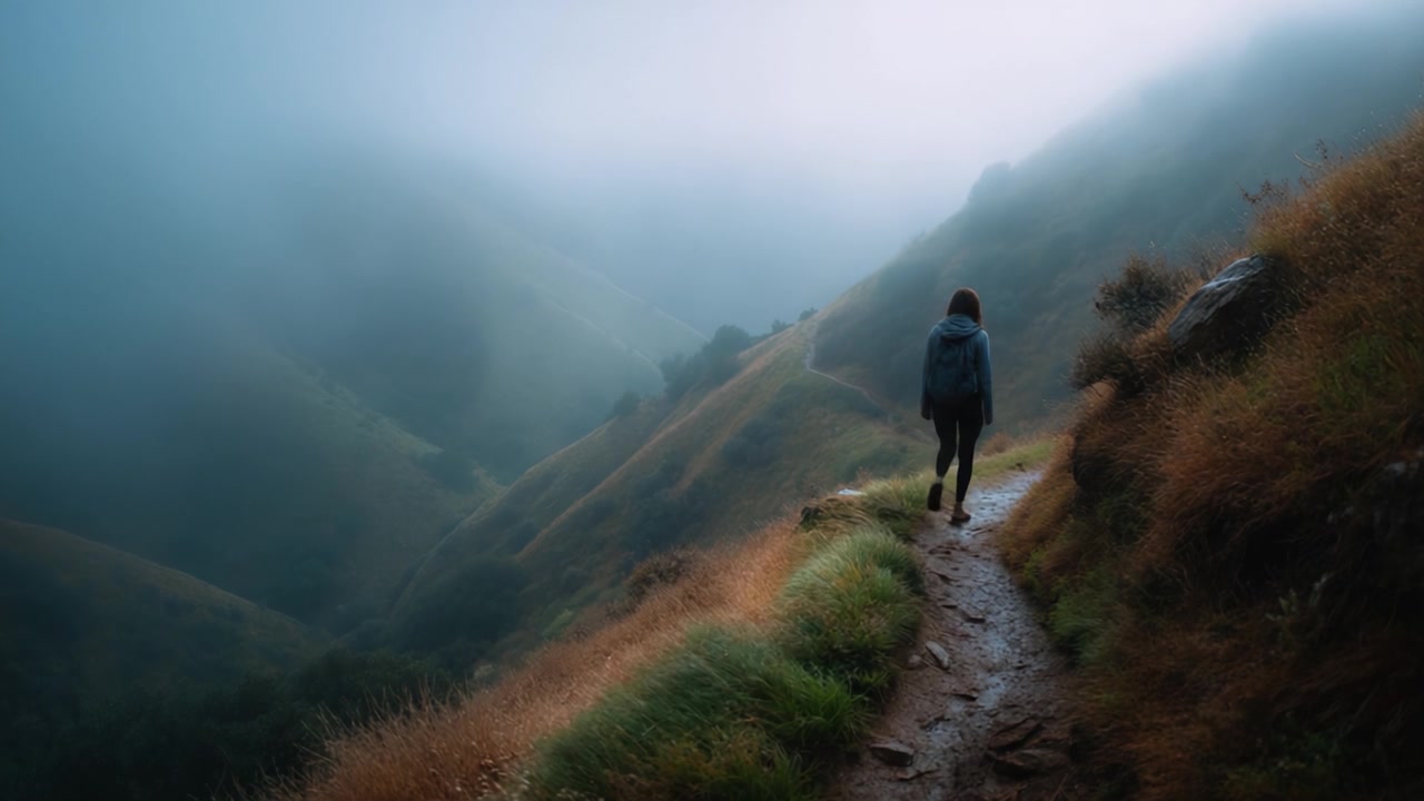 A solitary figure walks along a winding path through a misty, serene landscape characterized by rolling hills and lush greenery, evoking a sense of adventure and tranquility.