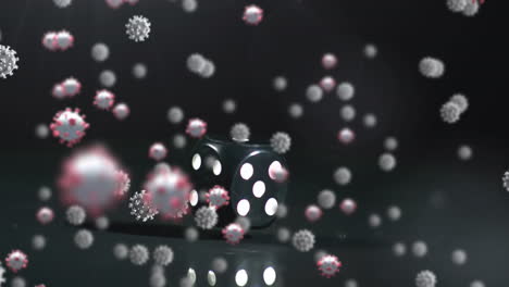 animation of covid 19 cells floating over dice on grey background