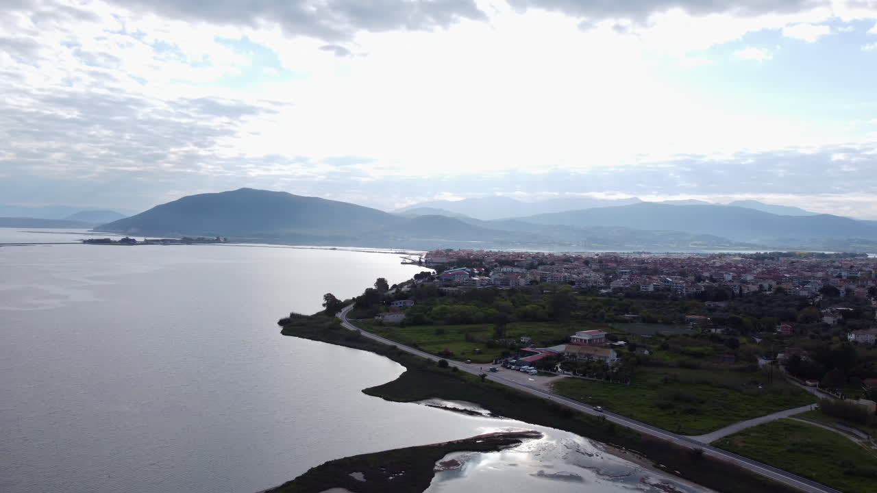 Coastal Landmarks Of Lefkada Town At Sunrise In Greece. Aerial Drone Shot