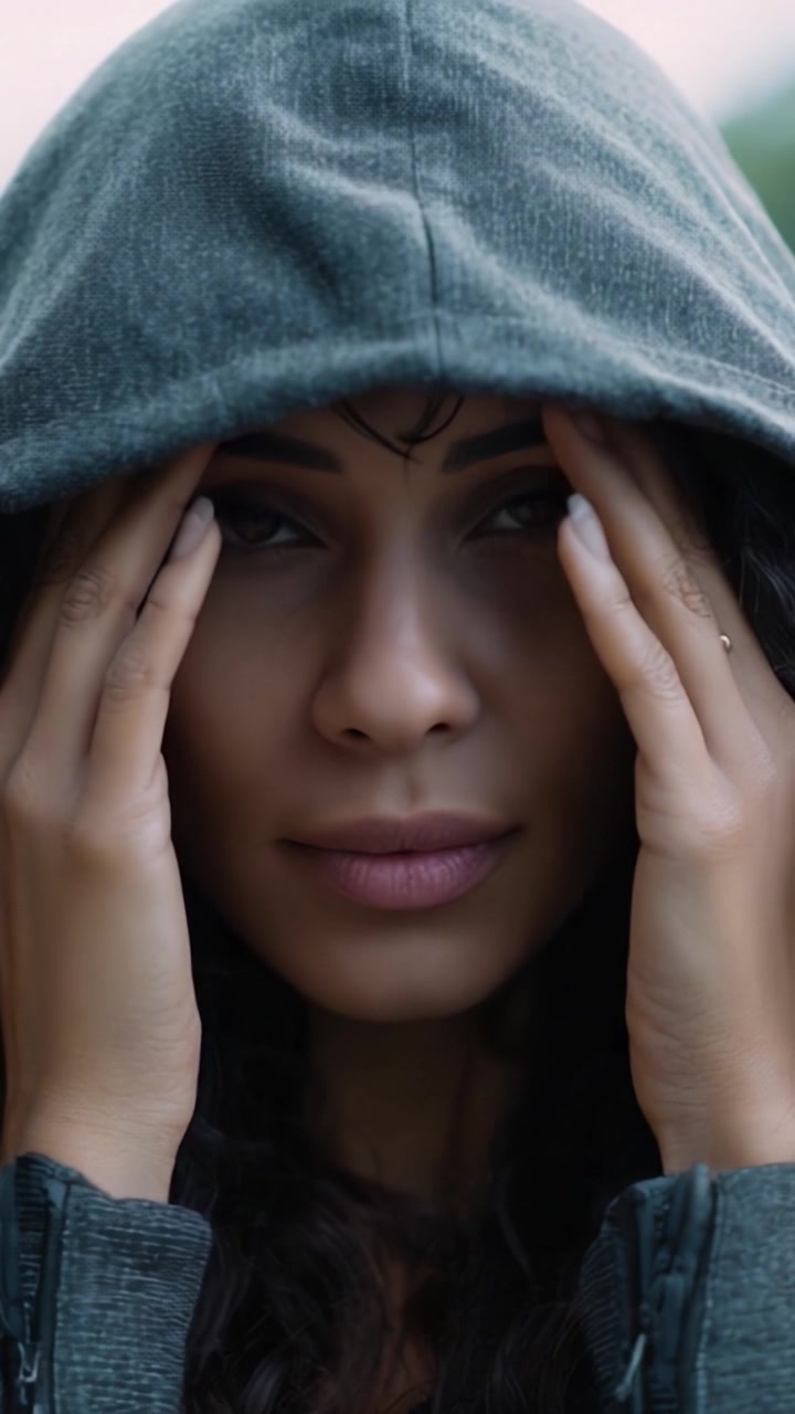 Un momento contemplativo catturato in un'immagine: una donna con una felpa con cappuccio che si preme delicatamente le mani sul viso, trasmettendo emozione e introspezione.