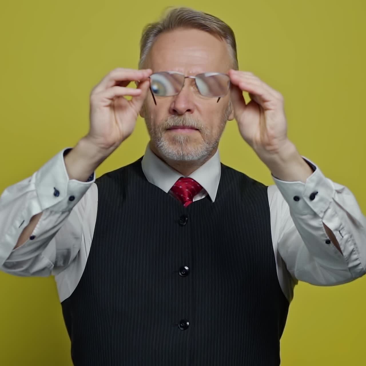 Old businessman holding glasses. Funny eyes through eyeglasses of a mature man on yellow background. Slow motion. Positive emotions.