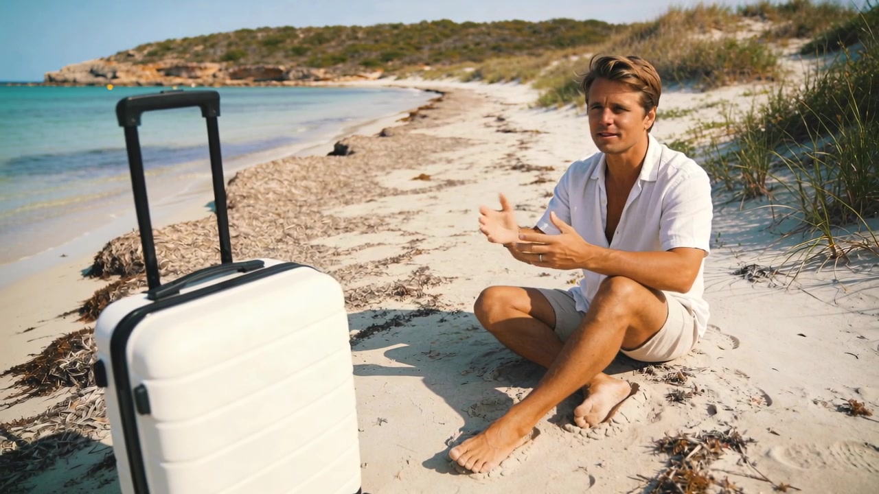 Talende mand i hvid skjorte forklarer tur på stranden, mens kameraet begynder at optage ved siden af en kuffert