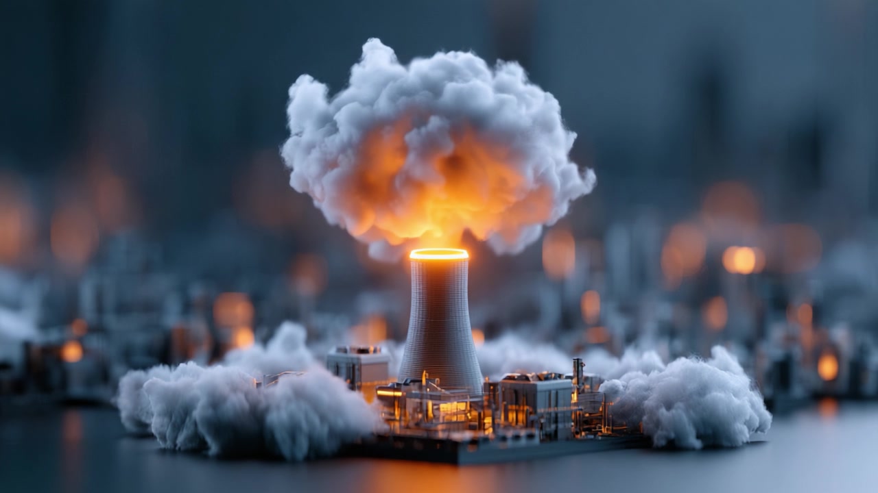 A Dramatic Illustration of a Nuclear Power Plant Erupting into a Cloud of Smoke and Fire, Symbolizing Energy Production and its Potential Dangers