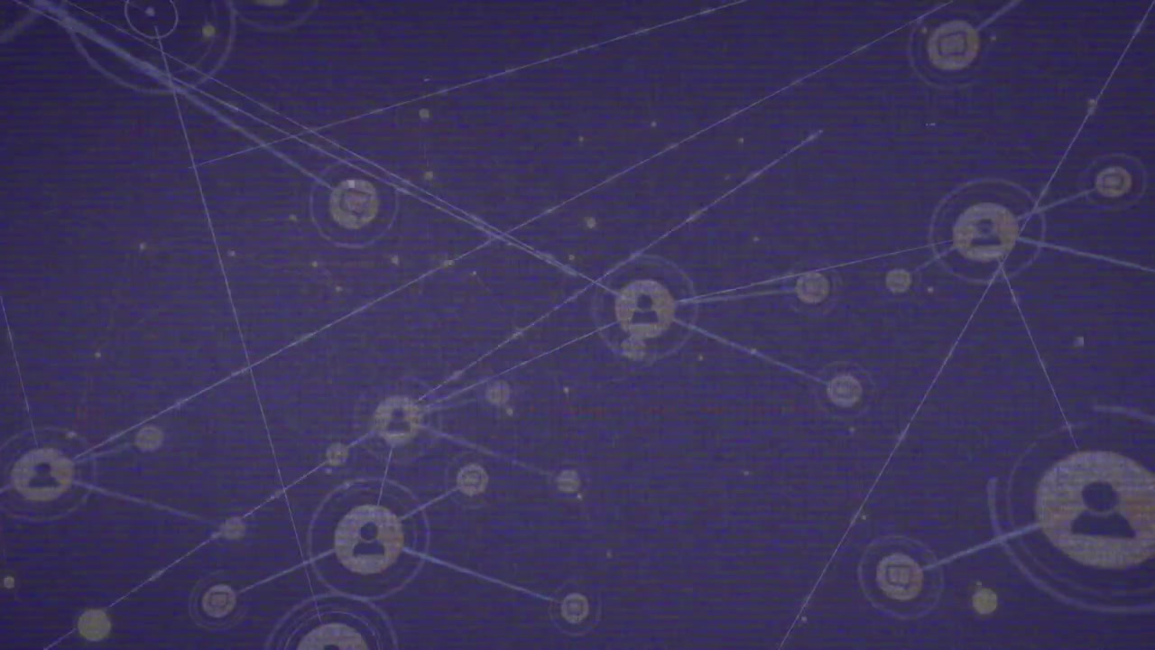 Animation of interference over network of connections with icons on black background